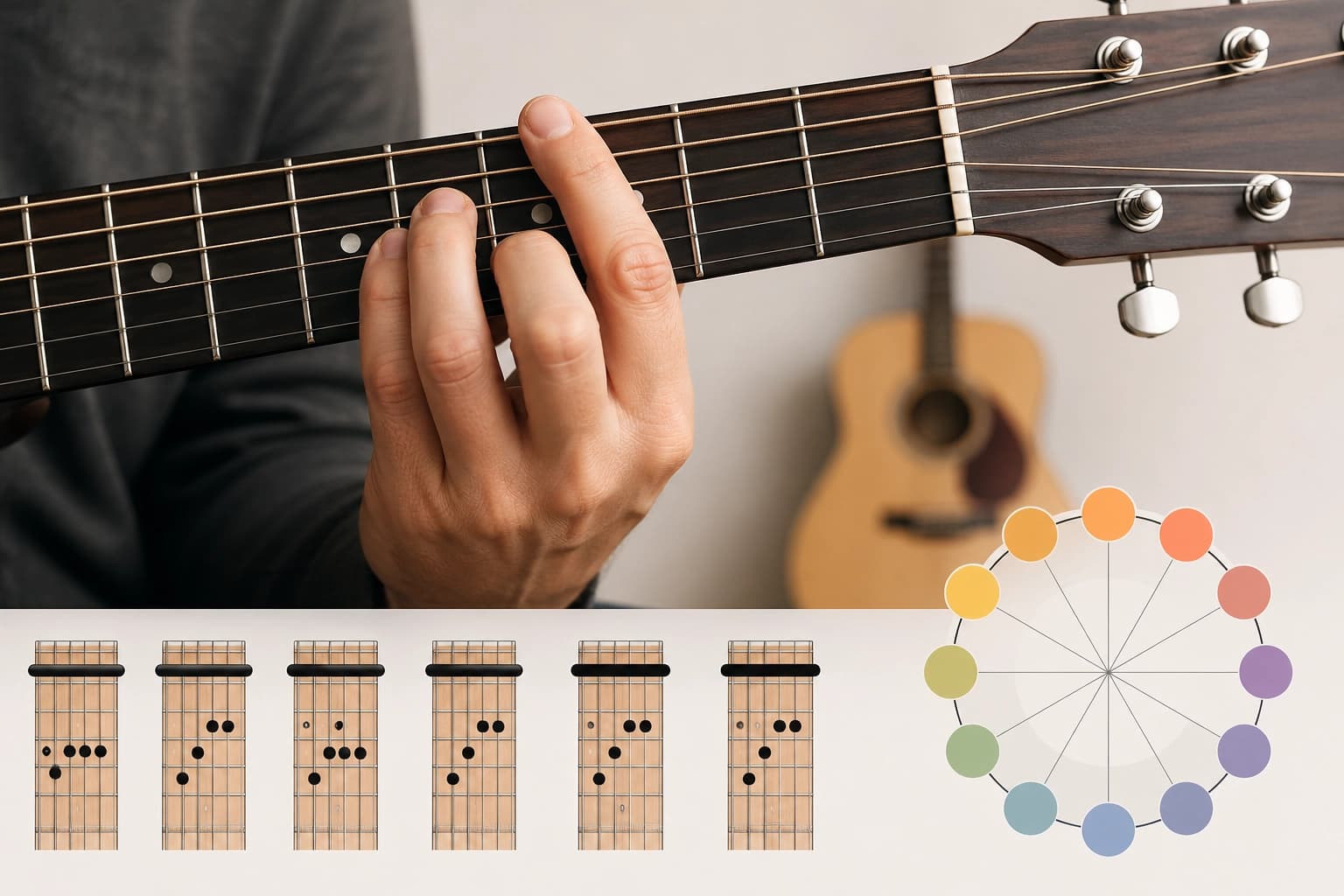 Guitarist forming an F major barre chord on an acoustic guitar