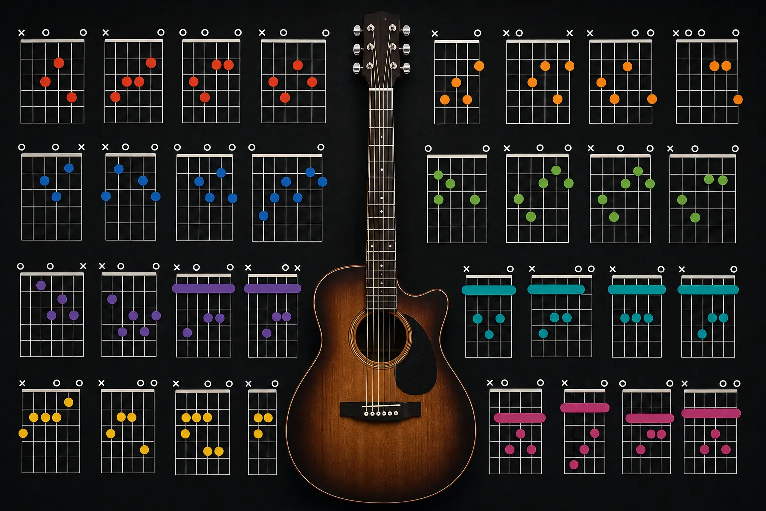 Guitar chord chart showing multiple chord shapes across the fretboard