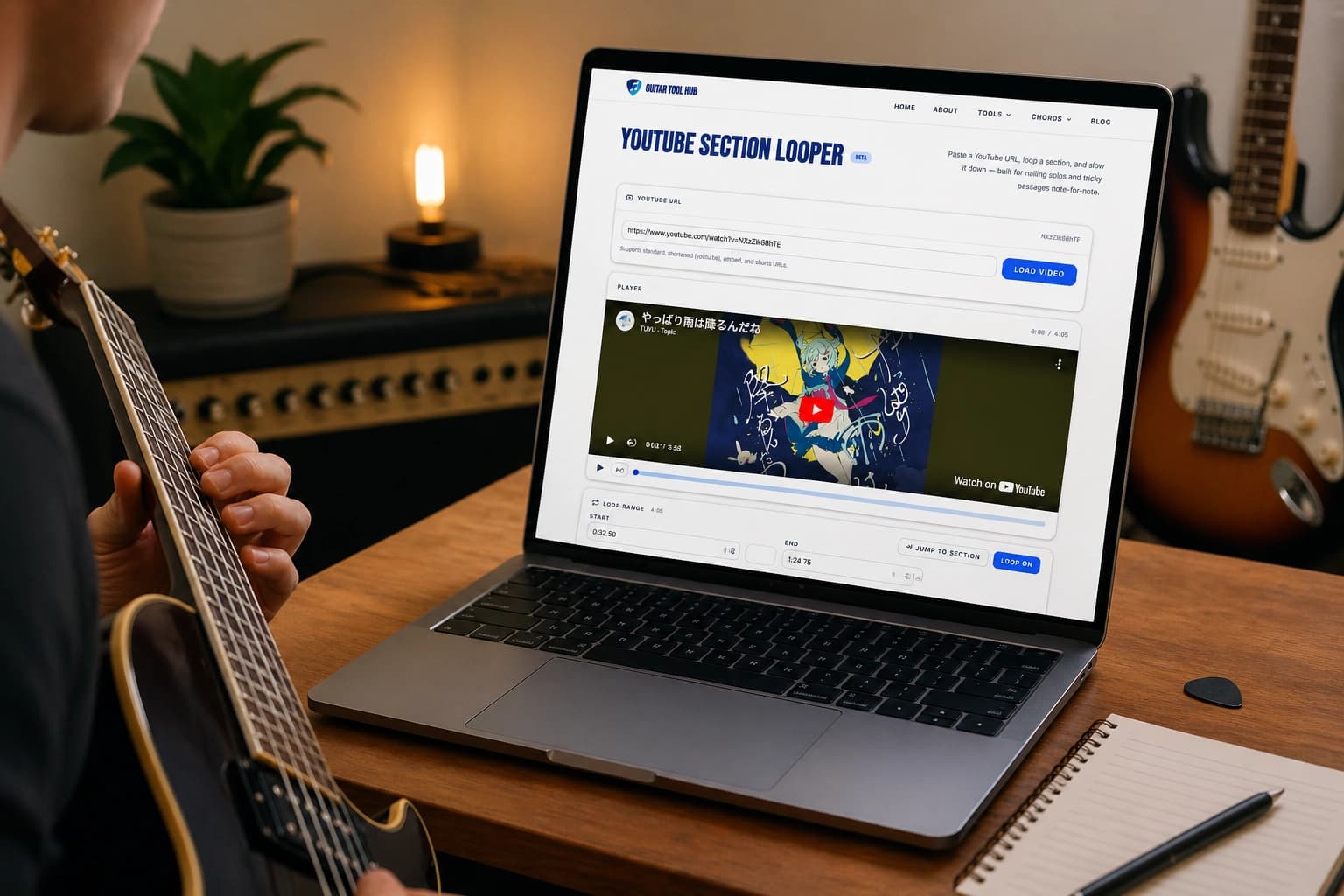 YouTube Section Looper interface for guitar practice with A-B loop and speed controls