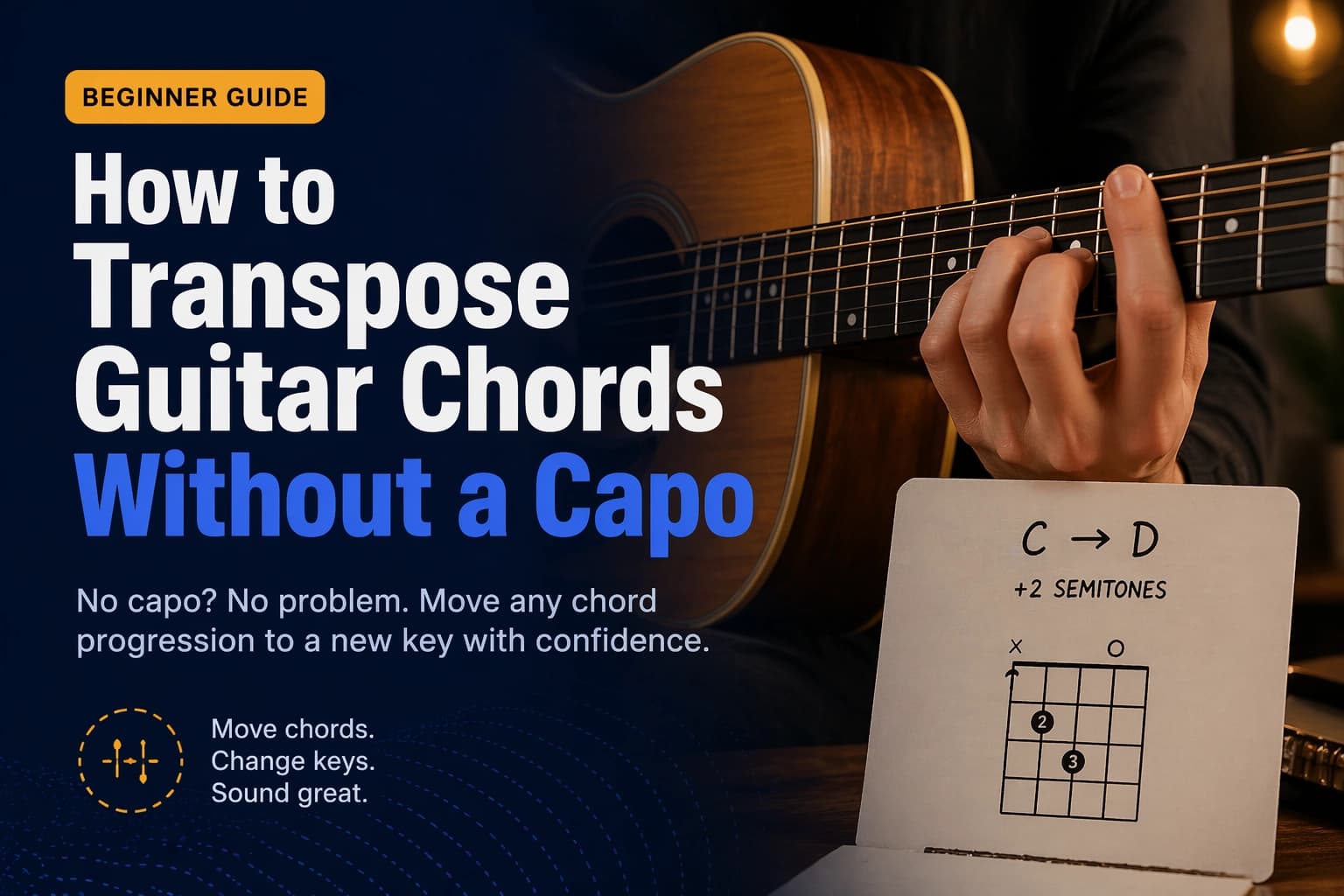 Guitar fretboard with chord diagrams illustrating transposition