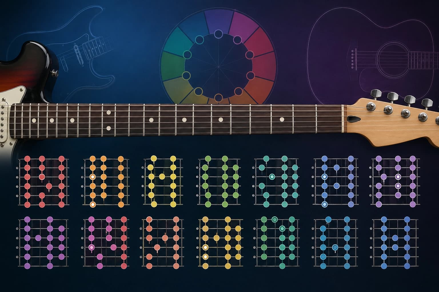 Guitar fretboard showing major scale patterns across multiple positions